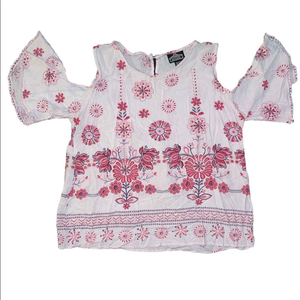 Angie white and pink floral cold shoulder top